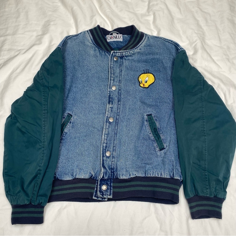 Vintage 90's Tweety Bird Genius varsity denim jacket blue/green Sz L